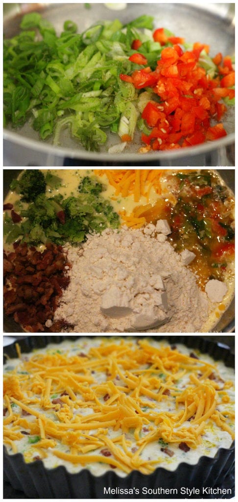 step-by-step quiche preparation images cheese vegetables in a skillet