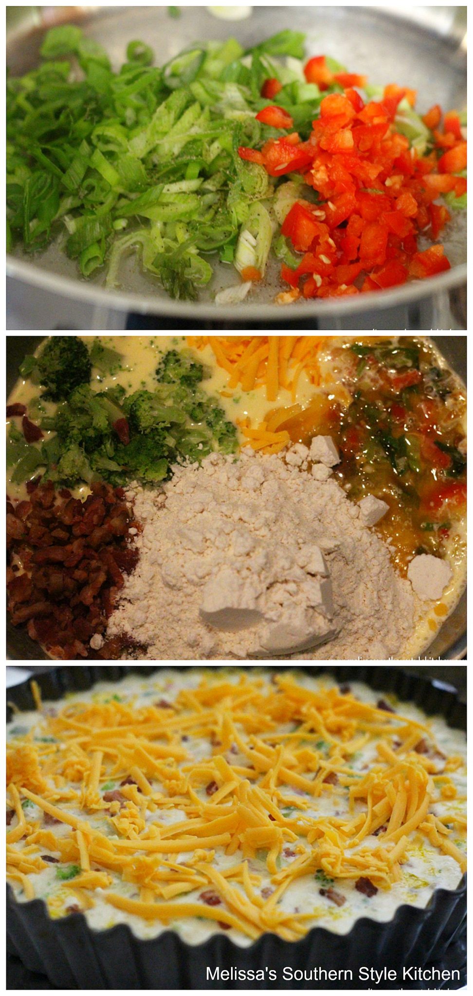 step-by-step quiche preparation images cheese vegetables in a skillet