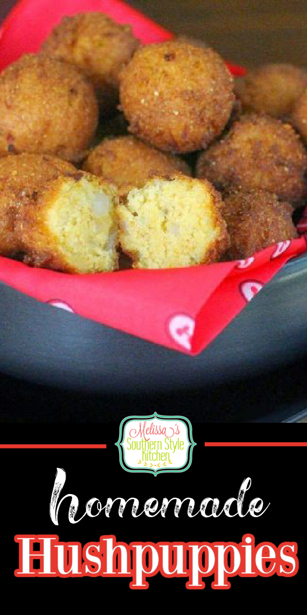 These crispy homemade Hushpuppies are the ideal side dish to add to your seafood menu #hushpuppies #cornbread #seafood #sidedishrecipes #sidedishes #easyrecipes #southernfood #southernrecipes via @melissasssk
