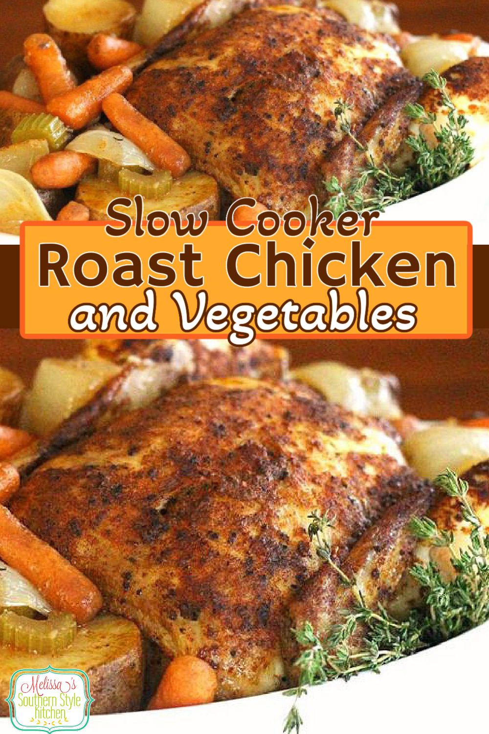 Make this delicious chicken dinner classic with ease using your slow cooker #roastchicken #slowcookerchicken #slowcookerroastchicken #easychickenrecipes #chicken #vegetables #slowcookerrecipes #crockpotchickenrecipes #dinner #dinnerideas #southernfood #southernrecipes via @melissasssk