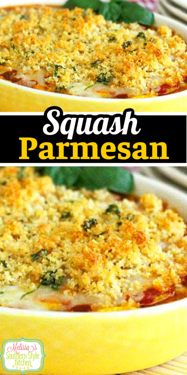 This cheesy Baked Squash Parmesan can be served as a meatless main dish or as a side dish with your favorite entrees #bakedsquash #vegetarianrecipes #squashparmesan #summersquashrecipes #yellowsquashcasserole #southernstyle #southernsquashrecipes #Italian via @melissasssk