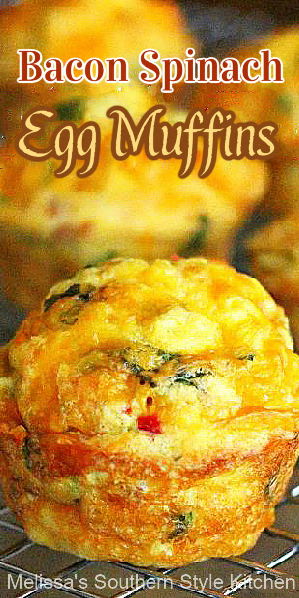 These single serving Bacon Spinach Egg Muffins are made in a muffin pan #eggmuffins #eggs #bakedeggs #muffinpaneggs #brunch #breakfast #eggrecipes #muffins #baconandeggs #baconspinacheggmuffins #spinachmuffins