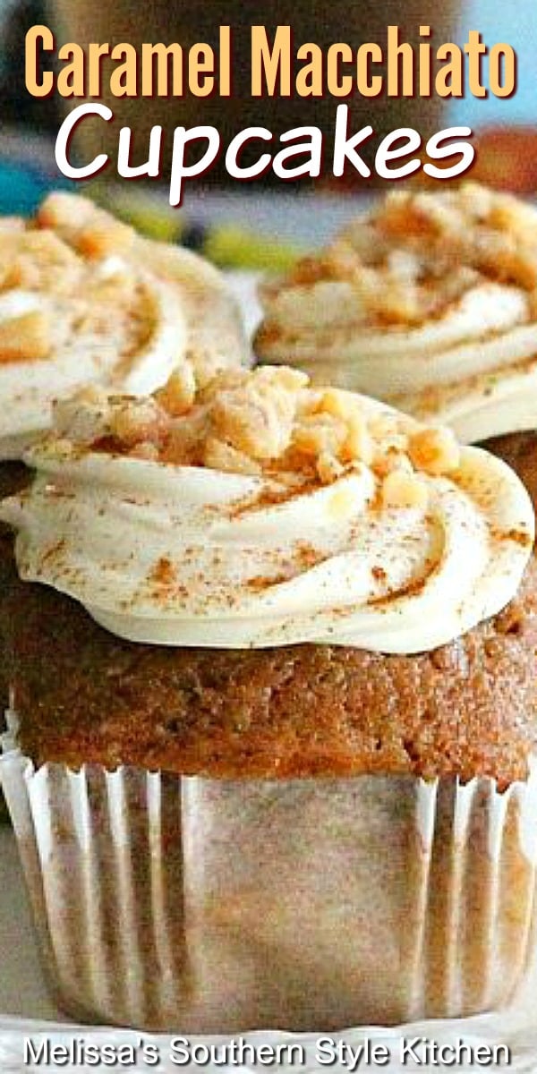 Start your day with these scrumptious Caramel Macchiato Cupcakes with cream cheese frosting #cupcakes #caramelmacchiato #coffeecake #muffins #muffinrecipes #caramel #cakes #desserts #brunch #breakfast #southernfood #southernrecipes
