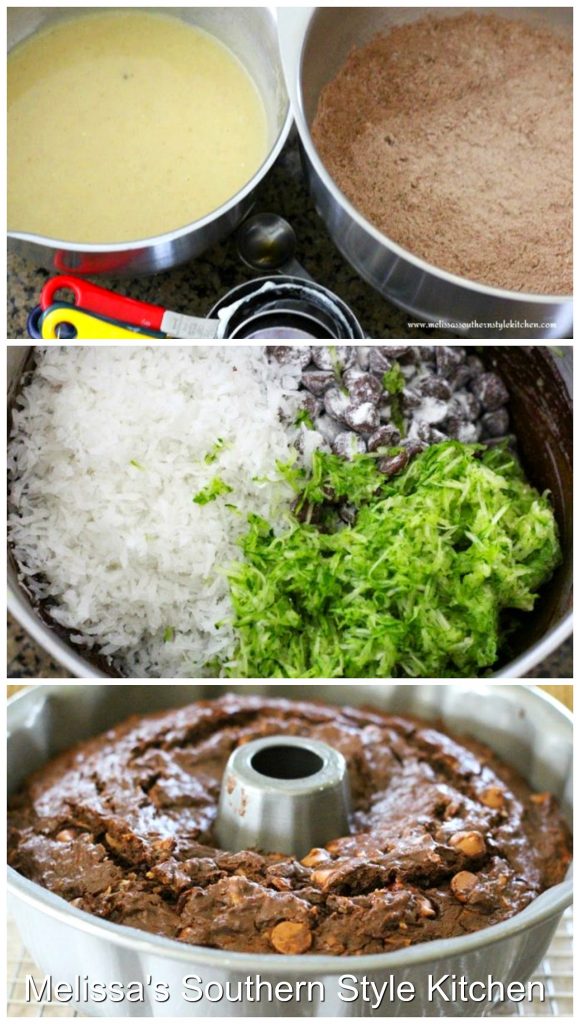 Step-by-step preparation images and ingredients for chocolate zucchini cake