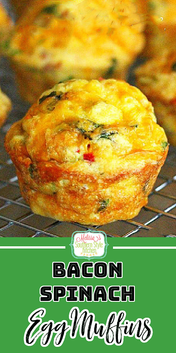 These single serving Bacon Spinach Egg Muffins are made in a muffin pan #eggmuffins #eggs #bakedeggs #muffinpaneggs #brunch #breakfast #eggrecipes #muffins #baconandeggs #baconspinacheggmuffins #spinachmuffins
