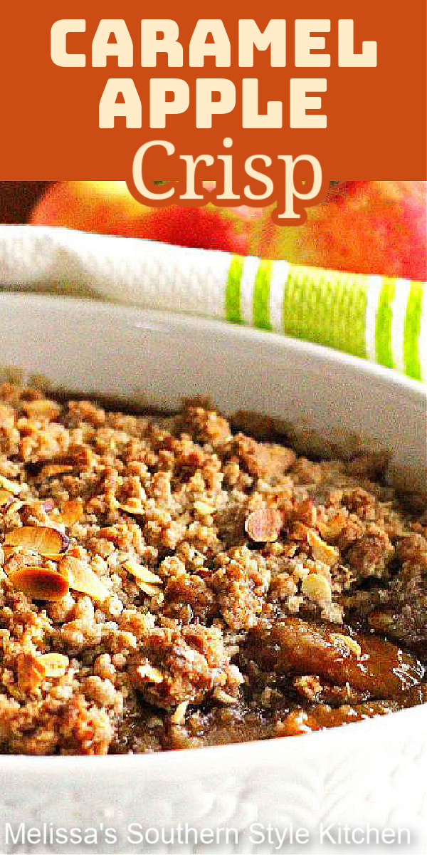 Treat yourself to a big bowl of warm Caramel Apple Crisp and a scoop (or two!) of vanilla ice cream #applecrisp #caramelapplecrisp #caramelapples #applecobbler #applerecipes #harvest #falldesserts #desserts #dessertfoodrecipes #holidayrecipes #thanksgivingdesserts #southernfood #apples #southernrecipes