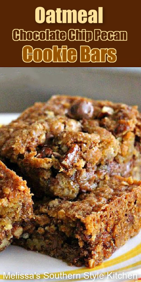 Treat the family to these gooey Oatmeal Chocolate Chip-Pecan Cookie Bars for dessert. #chocolatechipcookiebars #oatmealcookies #cookiebars #desserts #dessertfoodrecipes #southernrecipes #southernfood #melissassouthernstylekitchen via @melissasssk