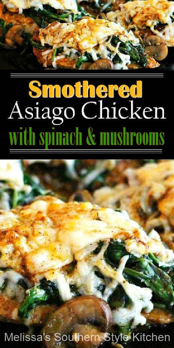 This Smothered Asiago Chicken with Spinach and Mushrooms can be ready and on the table in under 30 minutes #smotheredchicken #asiagochicken #spinachandmushrooms #easychickenbreastrecipes #easychickenrecipes #chicken #skilletchicken #smotheredasiagochicken #southernrecipes