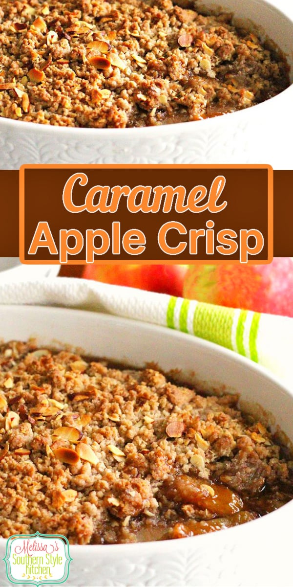 Treat yourself to a big bowl of warm Caramel Apple Crisp and a scoop (or two!) of vanilla ice cream #applecrisp #caramelapplecrisp #caramelapples #applecobbler #applerecipes #harvest #falldesserts #desserts #dessertfoodrecipes #holidayrecipes #thanksgivingdesserts #southernfood #apples #southernrecipes via @melissasssk