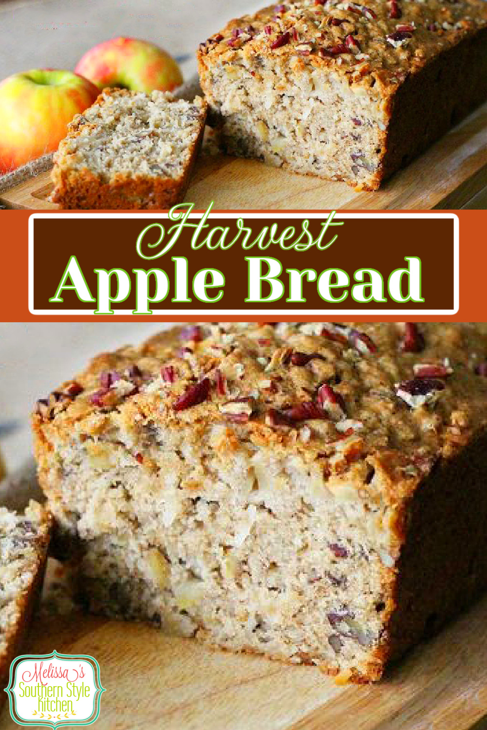 This pecan filled Harvest Apple Bread is a true delight with a cup of coffee or tea #applebread #apples #appledesserts #quickbreadrecipes #homemadebread #breadrecipes #harvest #brunch #breakfast #dessertfoodrecipes #southernfood #southernrecipes via @melissasssk
