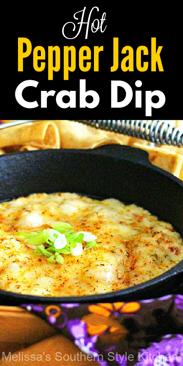 This Hot Pepper Jack Crab Dip is ready to go with pita chips, crackers or crostini for dipping #crabdip #hotcrabdip #bakedcrabdip #pepperjackcheese #appetizers #partyfood #footballfood #holidayrecipes #seafooddip #seafood #jumbolumpcrab #tailgating #southernfood #southernrecipes