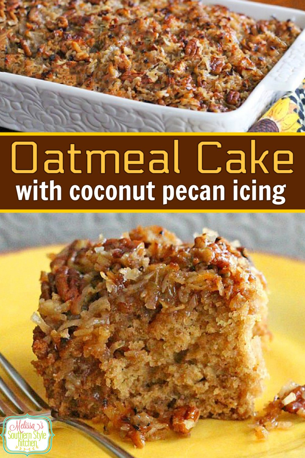 This vintage Oatmeal Cake with Broiled Coconut Pecan Topping is unbelievably rich and delicious! #oatmealcake #cakerecipes #coconutpecanfrosting #oldfashionedoatmealcake #desserts #dessertfoodrecipes #southernrecipes #southernfood #holidaybaking #holidaycakes #birthdaycake via @melissasssk