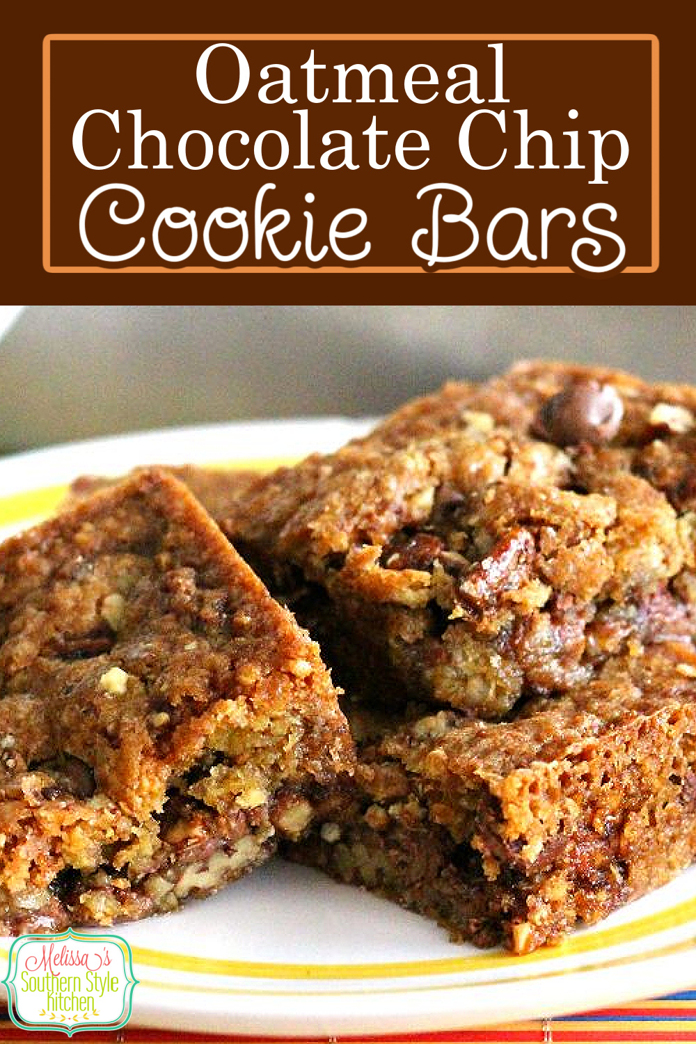 Treat the family to these gooey Oatmeal Chocolate Chip-Pecan Cookie Bars for dessert. #chocolatechipcookiebars #oatmealcookies #cookiebars #desserts #dessertfoodrecipes #southernrecipes #southernfood #melissassouthernstylekitchen via @melissasssk