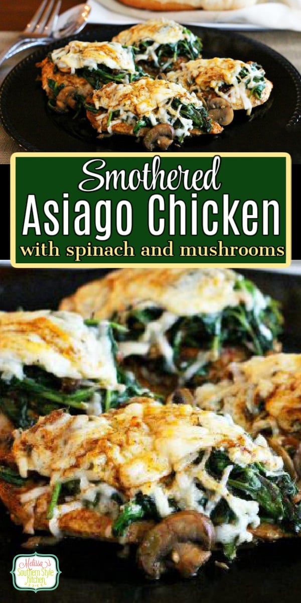 This Smothered Asiago Chicken with Spinach and Mushrooms can be ready and on the table in under 30 minutes #smotheredchicken #asiagochicken #spinachandmushrooms #easychickenbreastrecipes #easychickenrecipes #chicken #skilletchicken #smotheredasiagochicken #southernrecipes via @melissasssk