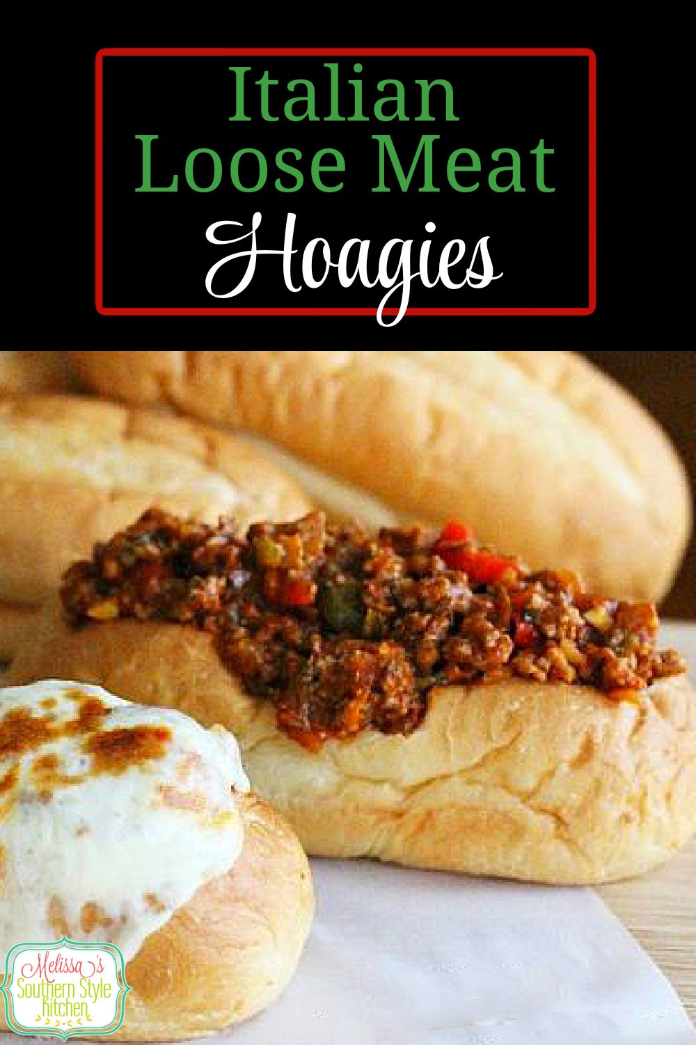 The family will come running for these Italian Loose Meat Hoagies served on warm hoagie rolls topped with gooey melted cheese #hoagies #easygroundbeefrecipes #italianhoagies #italiansubs #groundbeef #italiansloppyjoes #loosemeathoagies #sloppyjoesrecipes via @melissasssk