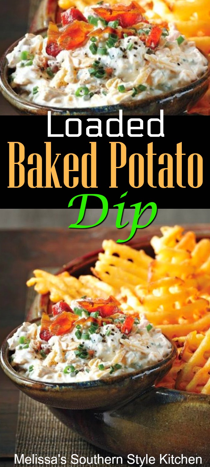 Serve this Loaded Baked Potato Dip with waffle fries baked extra crispy for dipping #loadedbakedpotatodip #bakedpotatoes #potatorecipes #potatodip #appetizers #holidayappetizerrecipes #southernrecipes