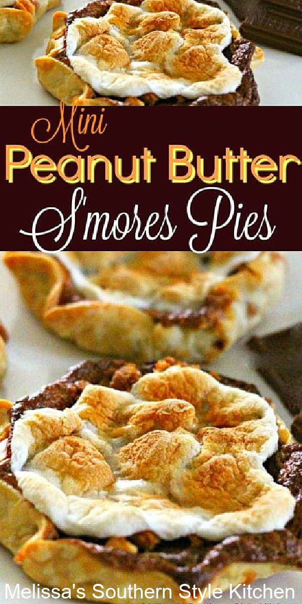 These ooey gooey single serving Mini Peanut Butter S'mores Pies are no campfire required s'mores made in the oven #smores #minismorespies #minipies #peanutbutterpies #desserts #dessertfoodrecipes #southernrecipes