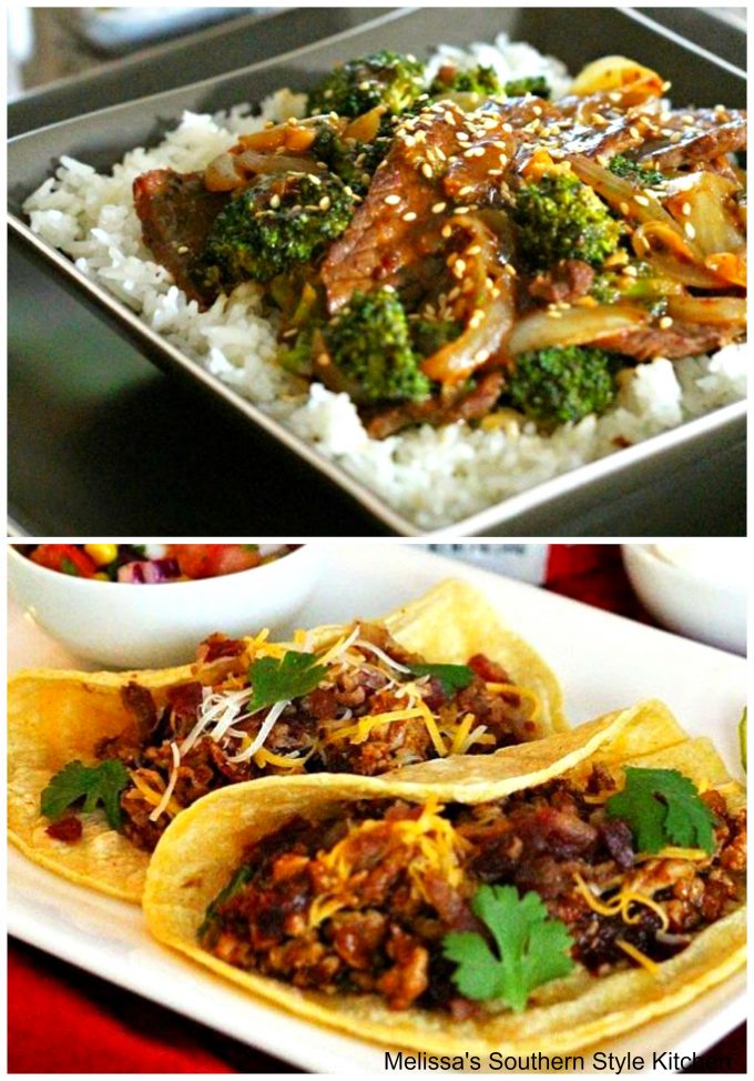 Sesame Beef And Broccoli And Chipotle BBQ Chicken Tacos