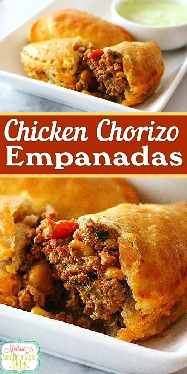 Whether it's gameday or holiday snacking these kicked-up Tex-Mex Chicken and Chorizo Empanadas will disappear in no time flat #empananadas #chicken #easychickenrecipes #texmex #puffpastry #chorizoempanadas #appetizers #gamedaysnacks #handpies #chickenchorizoempananadas via @melissasssk