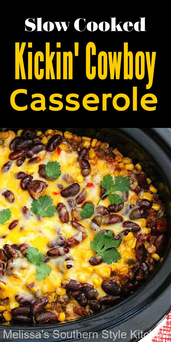 This Slow Cooked Kickin' Cowboy Casserole makes a mouthwatering one pot meal guaranteed to satisfy at the end of a hectic day #slowcookercowboycasserole #casseroles #casserolerecipes #easygroundbeefrecipes #slowcookerrecipes #crockpotcowboycasserole #easycasseroles
