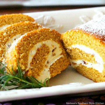 Pumpkin Roll with a Pecan Toffee Cream Cheese Swirl