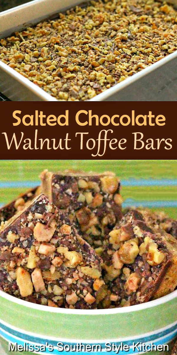 These sweet and salty Salted Chocolate Walnut Toffee Bars are the best of both worlds #saltedchocolate #toffeebars #walnuts #walnuttoffee #cookiebars #chocolare #desserts #dessertfoodrecipes #southernfood #southerndesserts #southernrecipes