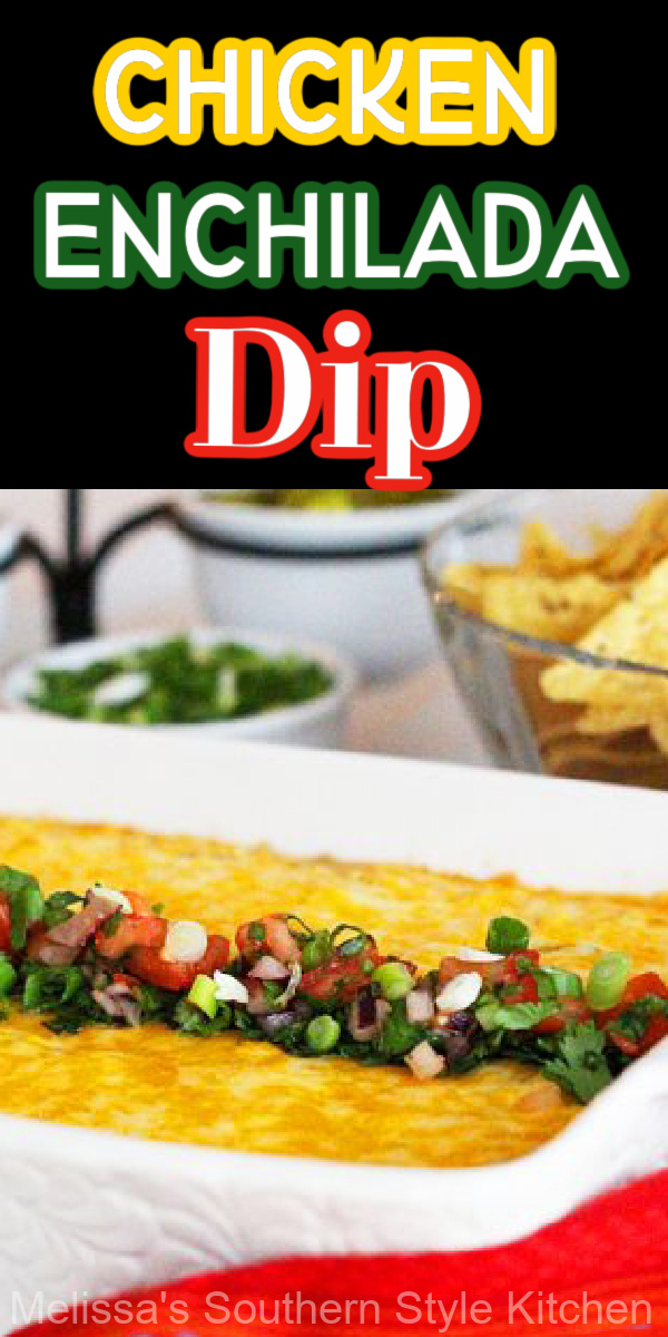 This Chicken Enchilada Dip is packed with fiesta flavors. Serve it with tortilla chips or fritos scoops for dipping! #chickendip #chickenenchiladadip #chickenenchiladas #easychickenrecipes #appetizers #diprecipes #chicken #mexicandiprecipes via @melissasssk