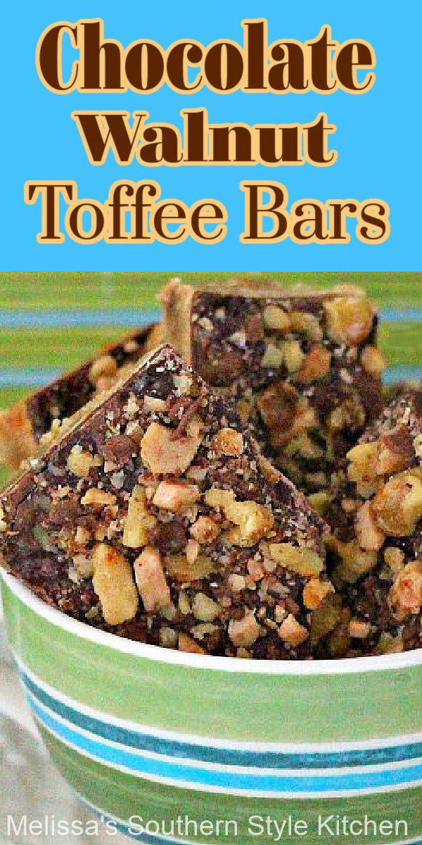 These sweet and salty Salted Chocolate Walnut Toffee Bars are the best of both worlds #saltedchocolate #toffeebars #walnuts #walnuttoffee #cookiebars #chocolare #desserts #dessertfoodrecipes #southernfood #southerndesserts #southernrecipes via @melissasssk
