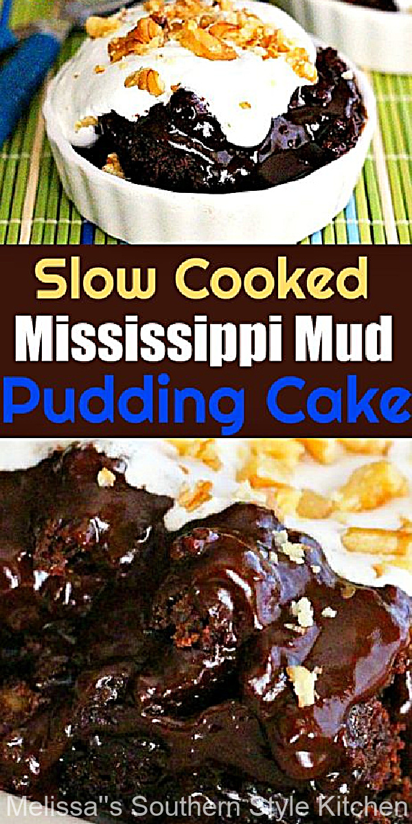 This Slow Cooked Mississippi Mud Pudding Cake is ooey gooey chocolate delight #slowcookedmississippimudcake #slowcookercakerecipes #crockpotrecipes #mississippimudcake #cakes #chocolatecake #cakerecipes #chocolate #southerndesserts via @melissasssk