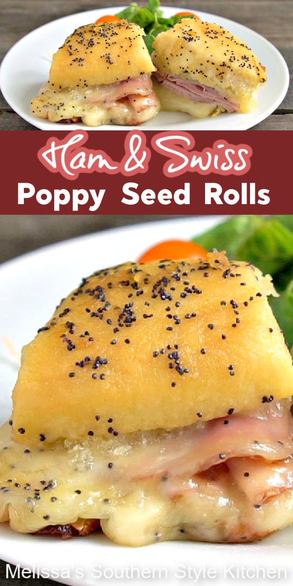 Kick start the party with these gooey pull apart Ham and Swiss Poppy Seed Rolls #hamrolls #hamandswiss #pullapartrolls #poppyseedrolls #hamrecipes #appetizers #sandwiches #sliders #hamandswisspoppyseedrolls #southernfood #holidayappetizers #southernrecipes