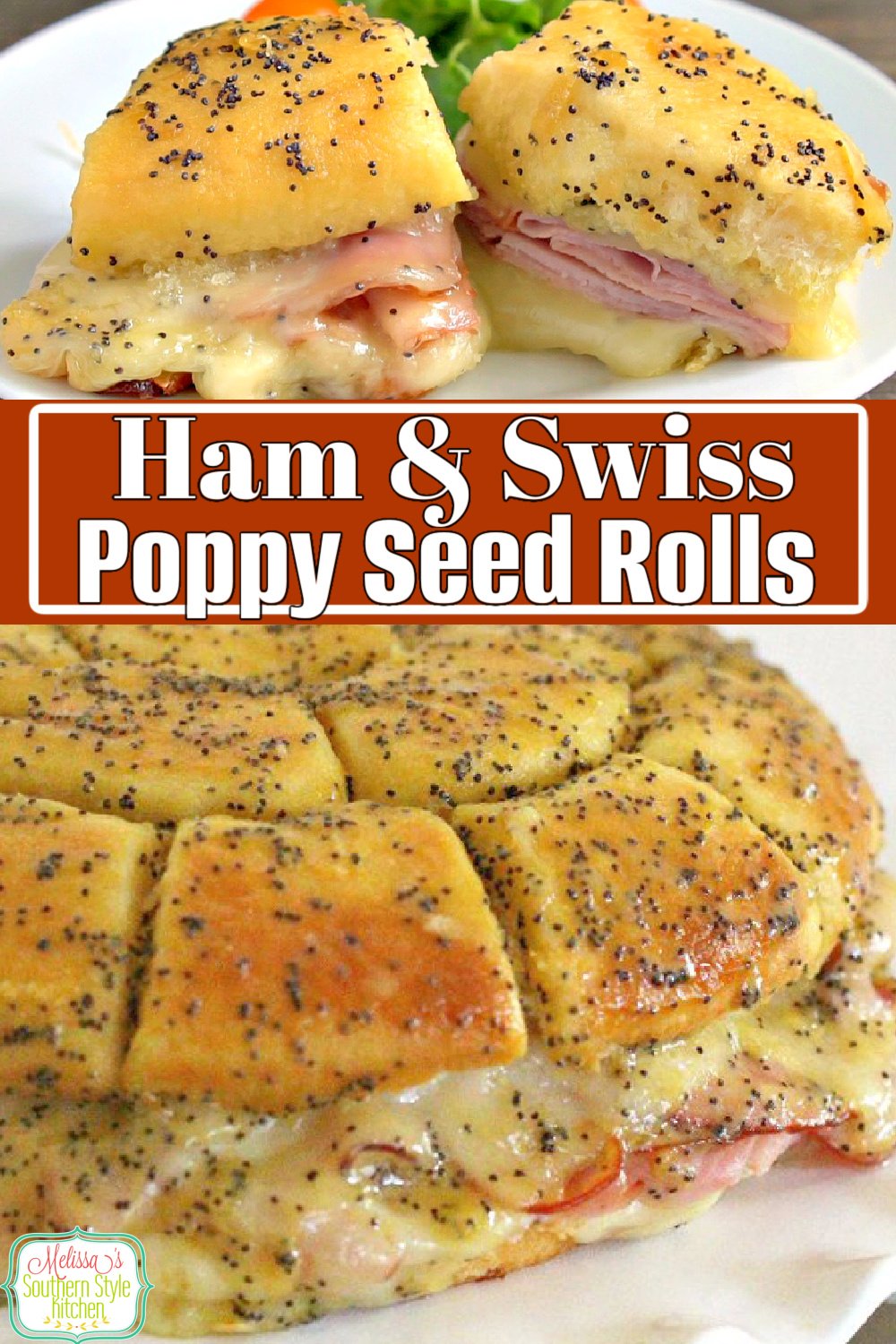 Kick start the party with these gooey pull apart Ham and Swiss Poppy Seed Rolls #hamrolls #hamandswiss #pullapartrolls #poppyseedrolls #hamrecipes #appetizers #sandwiches #sliders #hamandswisspoppyseedrolls #southernfood #holidayappetizers #southernrecipes via @melissasssk