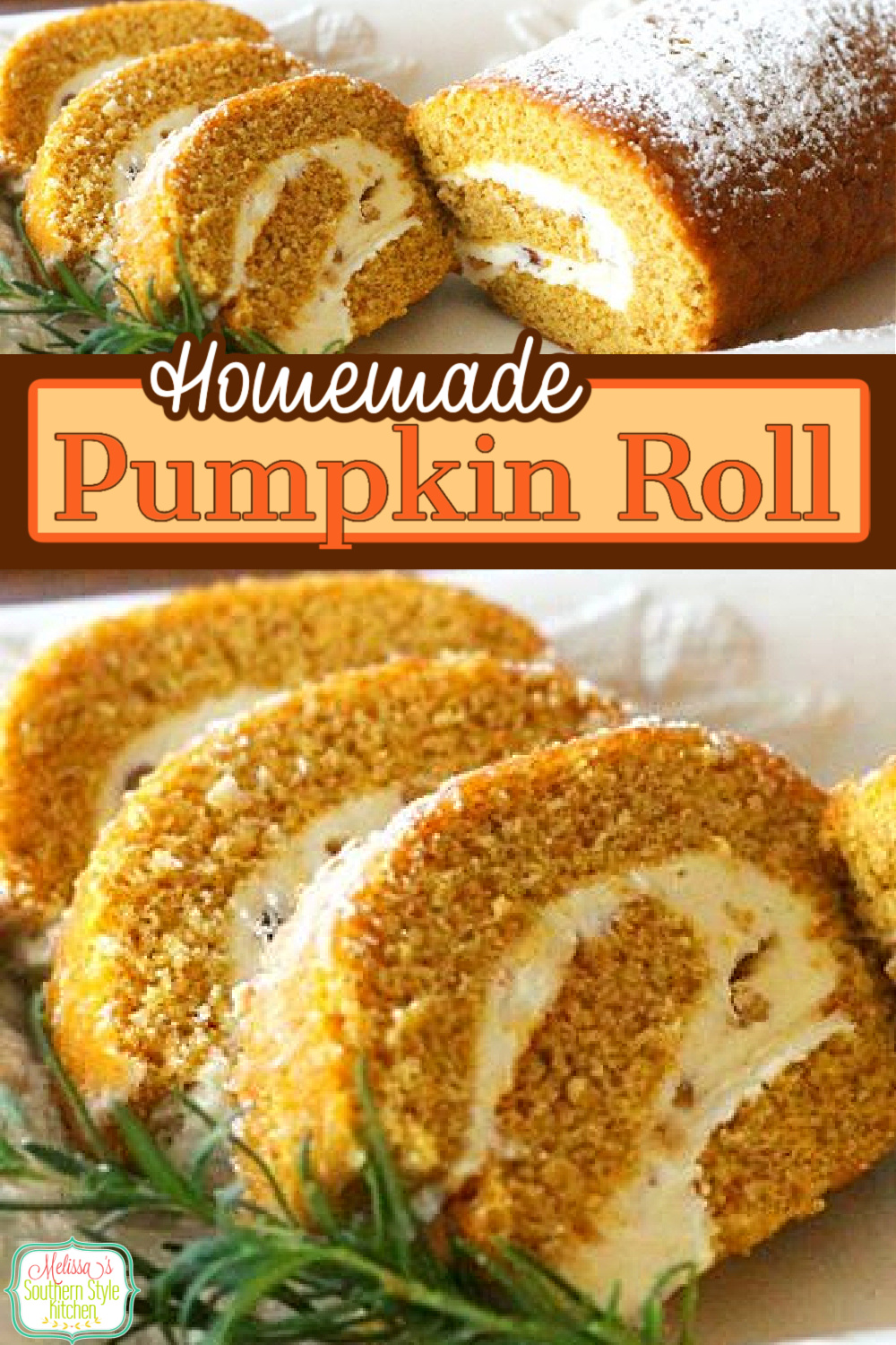 This scrumptious Pumpkin Cake Roll has a delicious toffee and pecan surprise tucked away in the cream cheese swirl #pumpkinroll #pumpkincake #fallbaking #pumpkin #creamcheese #desserts #dessertfoodrecipes #thanksgiving #pecans #cakerecipes #cakes #falldesserts #holidaybaking #thanksgivingdesserts #southernrecipes #southernfood via @melissasssk