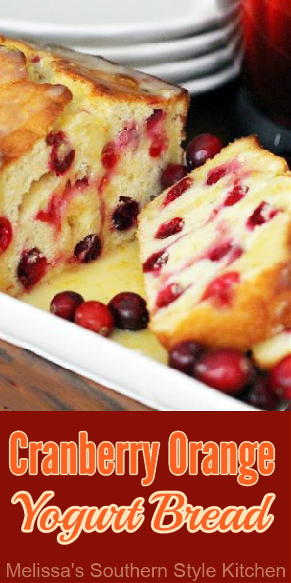 Freshly baked Cranberry Orange Yogurt Bread pairs perfectly with a cup of coffee or tea #cranberryorangebread #cranberries #cranberrybread #cranberrycakes #easybreadrecipes #yogurtbread #southernfood #southernrecipes #sweets #holidaybaking #holidays #christmasbrunch #orange #desserts #brunch #breakfast