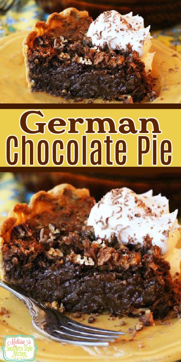 Prepare to fall in love with this German Chocolate Pie filled with velvety chocolate, shredded coconut and pecans #germanchocolatepie #chocolatepierecipes #germanchocolate #pie #desserts #dessertfoodrecipes #southernrecipes via @melissasssk
