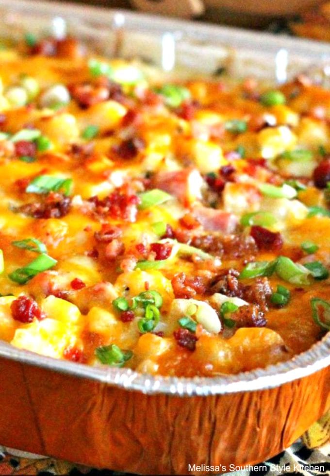 baked ham and potato casserole in a pan