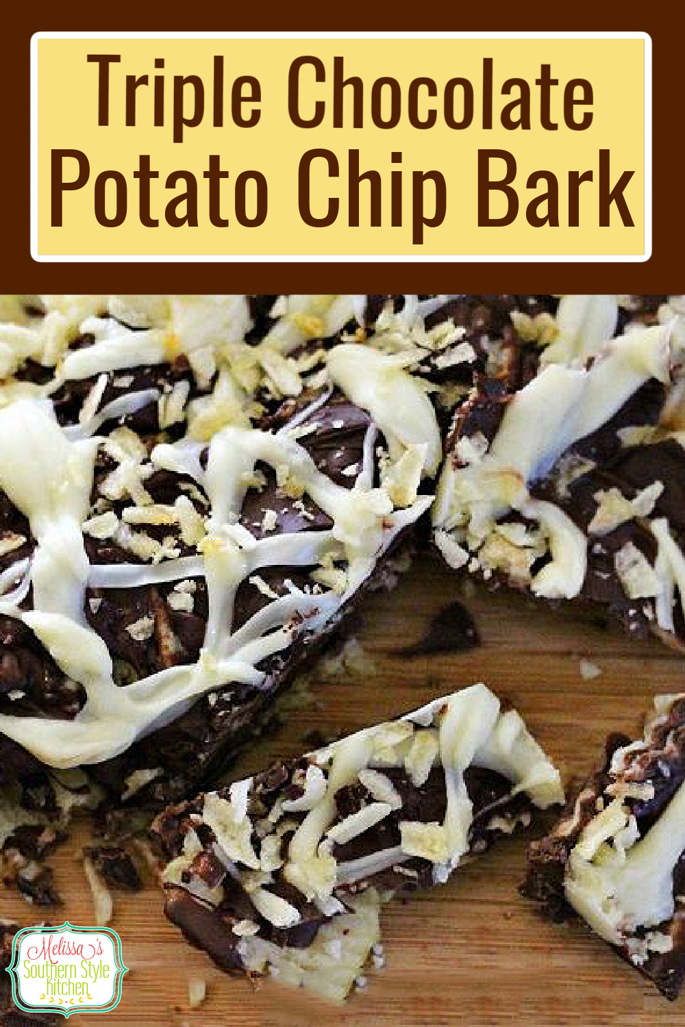 This Triple Chocolate Potato Chip Bark is a must-make for the sweet and salty fans in your life #potatochips #potatochipbark #candybarkrecipes #triplechocolate #candy #chocolatebark #chocolatedippedpotatochipsrecipe via @melissasssk