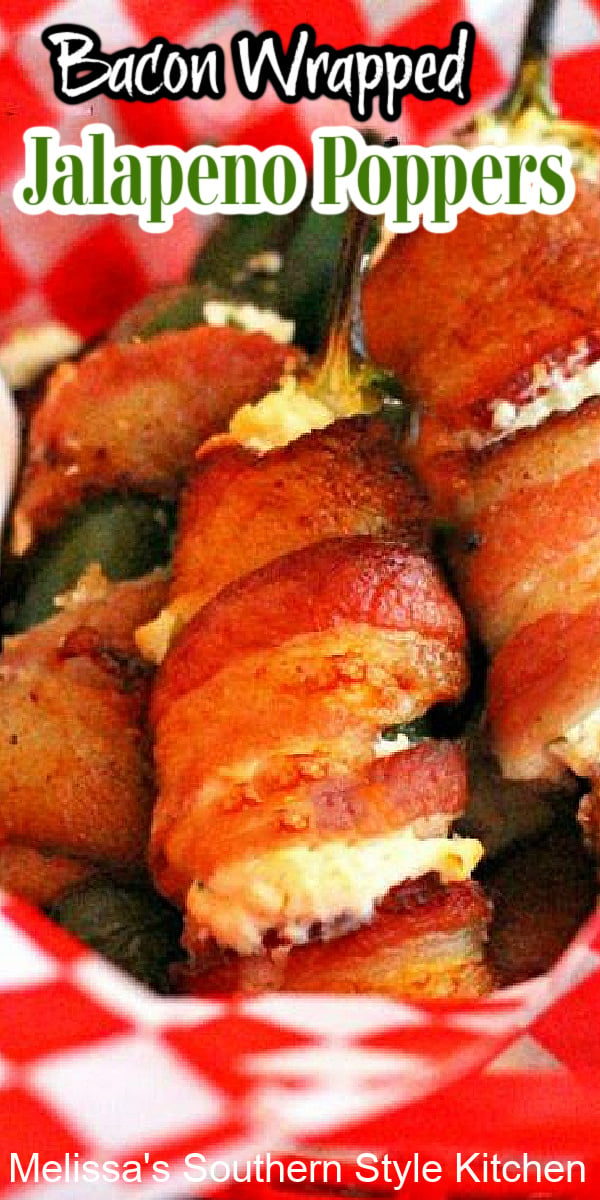 These easy Stuffed Bacon Wrapped Jalapeno Poppers are made in the oven for easy clean-up, too.  #baconwrappedjalapenopoppers #jalapenopoppers #bacon #appetizers #baconwrappedjalapenos #gamedayfood #partyfood #southernfood #southernrecipes via @melissasssk