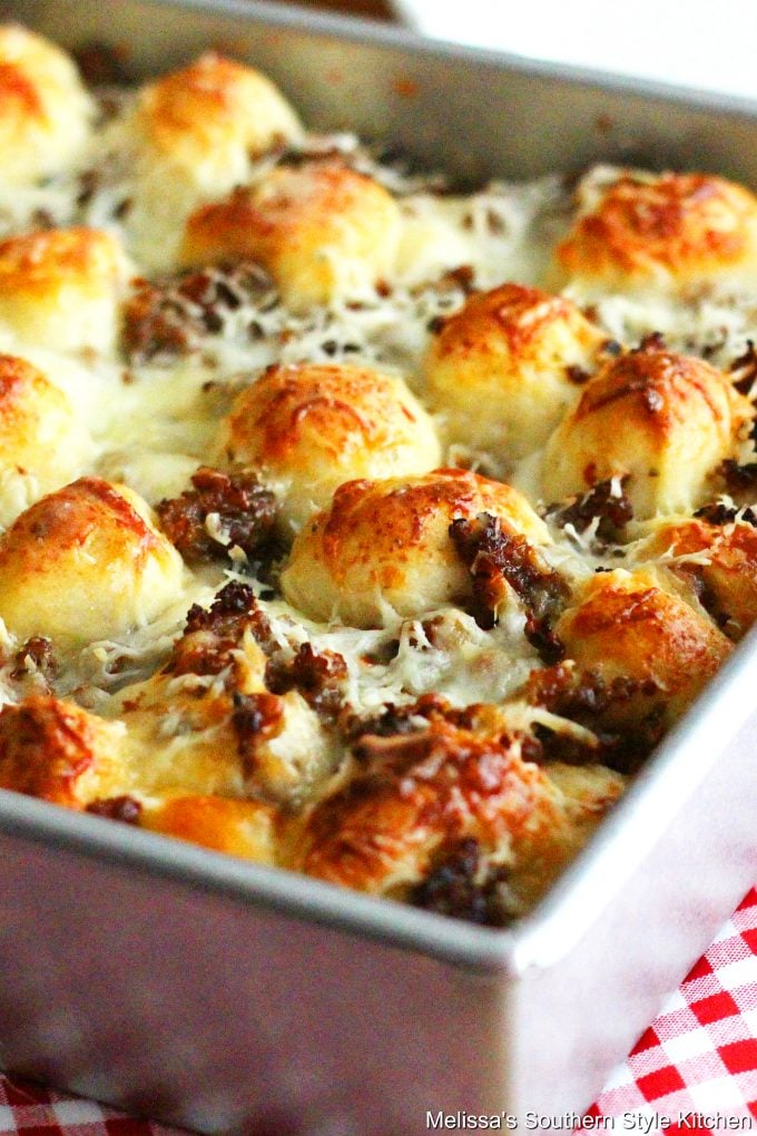 Baked Italian Sausage Asiago Bubble Bread in a pan