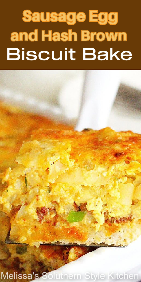 This hearty brunch dish features everything we love about breakfast in every bite #biscuitbake #sausageandeggs #breakfastbake #brunchcasseroles #sausage #eggs #southernbiscuits #southernfood #southernrecipes #biscuits #holidaybrunch #breakfastcasseroles #brunchrecipes #hashbrowncasserole #hashbrowns