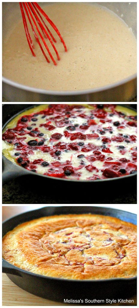 batter in a bowl, with a whisk and a cast iron skillet filled with berries and batter