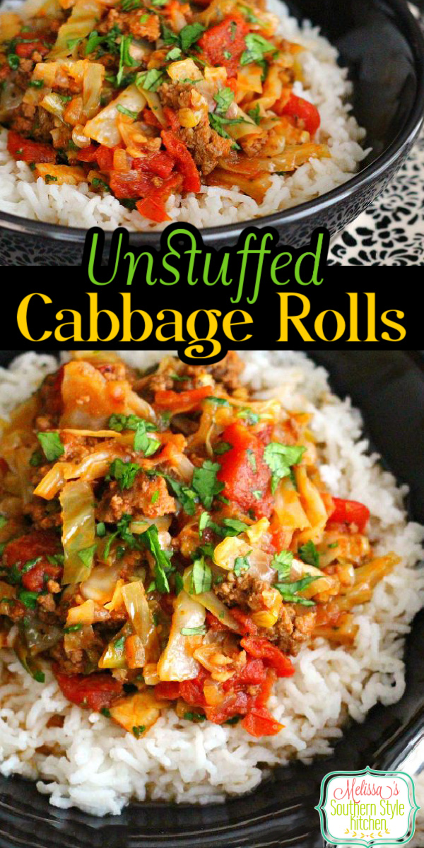 Take the fuss out of this classic and enjoy Unstuffed Cabbage Rolls over rice for dinner #cabbagerolls #unstuffedcabbagerolls #lowcarrecipes #cabbage #easygroundbeefrecipes #dinnerideas #southernrecipes