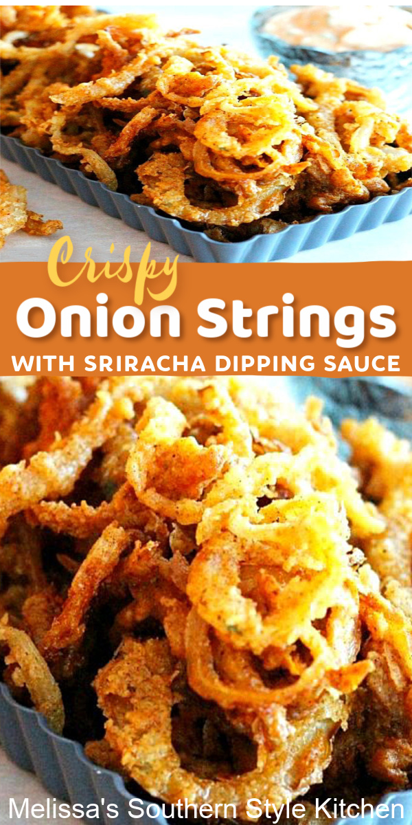 Enjoy these crispy onion strings as an appetizer, side dish or piled high on a salad or juicy burger #onionstrings #onionrings #crispyonionstrings #srirachasauce #dippingsauce #appeitzers #sidedishrecipes #onions #southernfood #southernrecipes