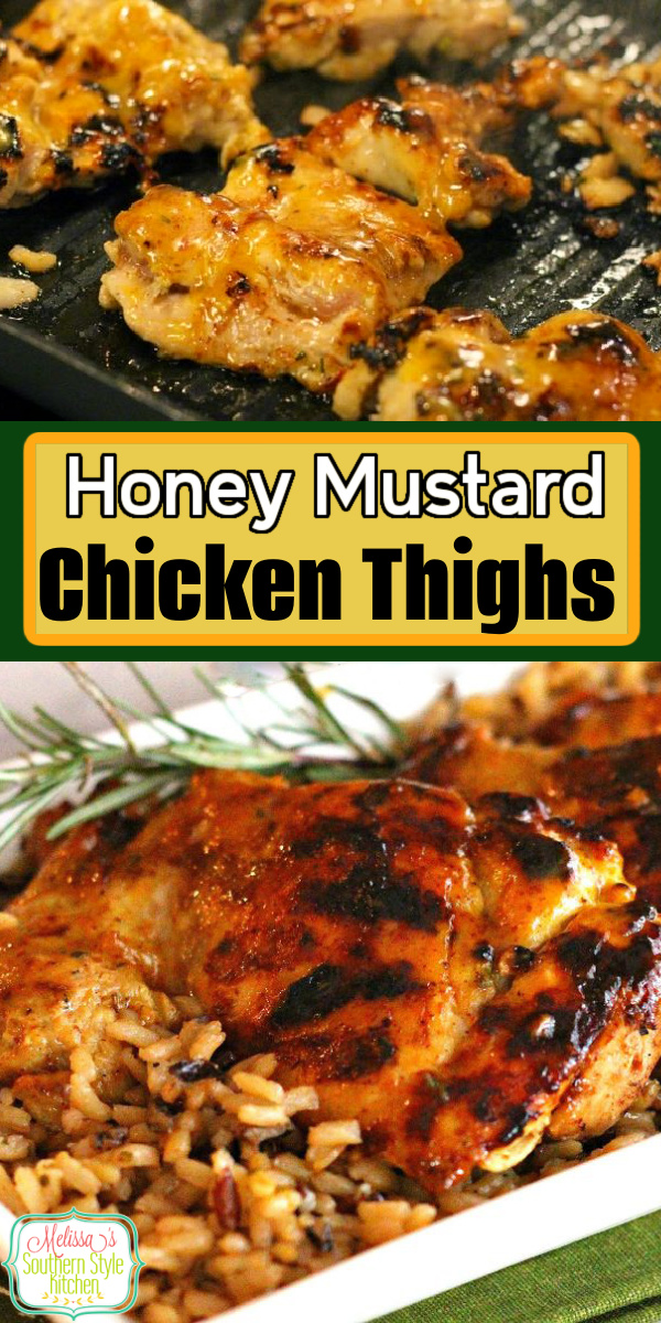 30 minute entrees like these&nbsp;Honey Mustard Glazed Chicken Thighs make a delicious weekday meal #honeymustardchicken #chickenthighs #chickenrecipes #chickenthighsrecipe #grilledchicken #easychickenthighs via @melissasssk