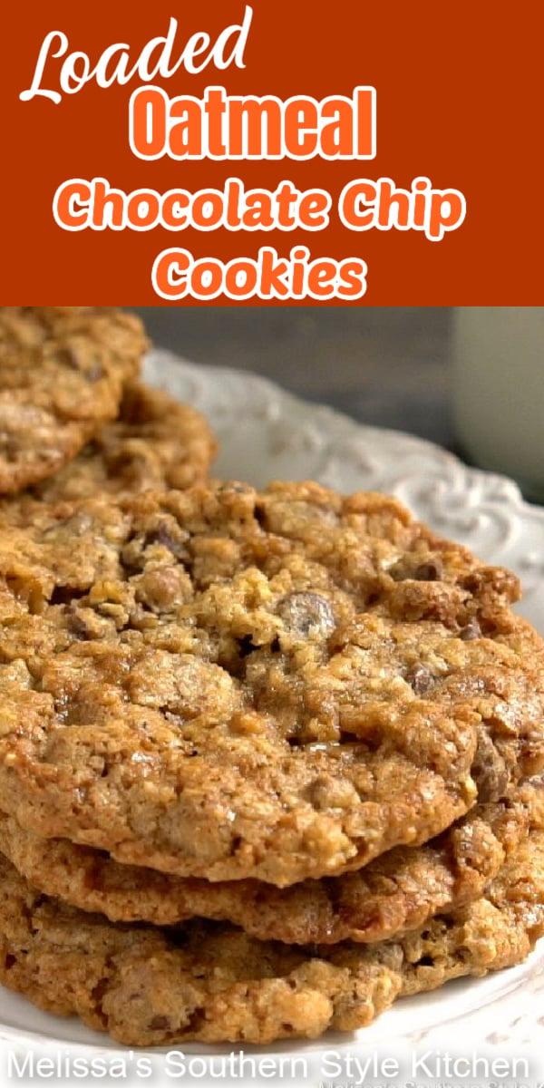 These loaded-up Oatmeal Chocolate Chip Cookies won't last long in your cookie jar #oatmealcookies #chocolatechipcookies #loadedoatmealcookies #oatmealchocolatechipscookies #cookies #cookierecipes #holidaybaking #christmascookies #southernfood #southernrecipes #chocolate