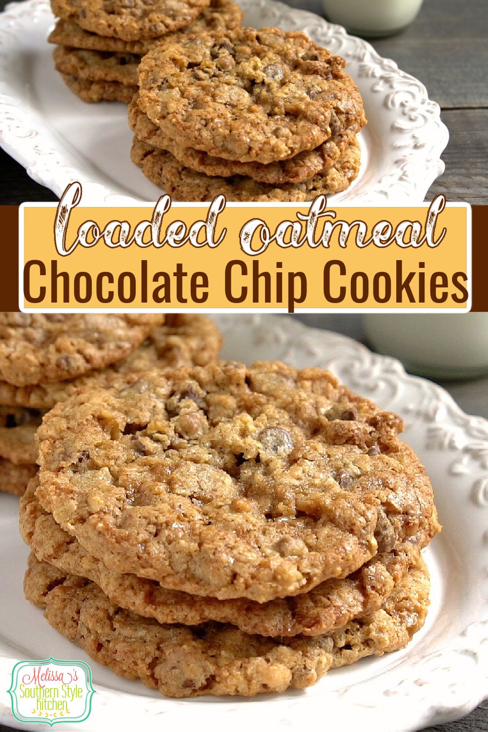 These loaded-up Oatmeal Chocolate Chip Cookies won't last long in your cookie jar #oatmealcookies #chocolatechipcookies #loadedoatmealcookies #oatmealchocolatechipscookies #cookies #cookierecipes #holidaybaking #christmascookies #southernfood #southernrecipes #chocolate via @melissasssk