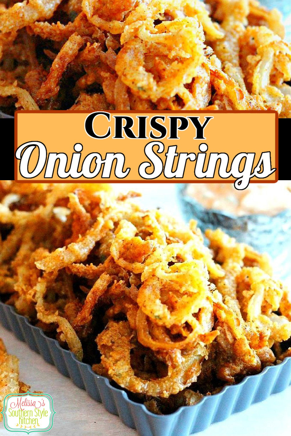 Enjoy these crispy onion strings as an appetizer, side dish or piled high on a salad or juicy burger #onionstrings #onionrings #crispyonionstrings #srirachasauce #dippingsauce #appeitzers #sidedishrecipes #onions #southernfood #southernrecipes via @melissasssk