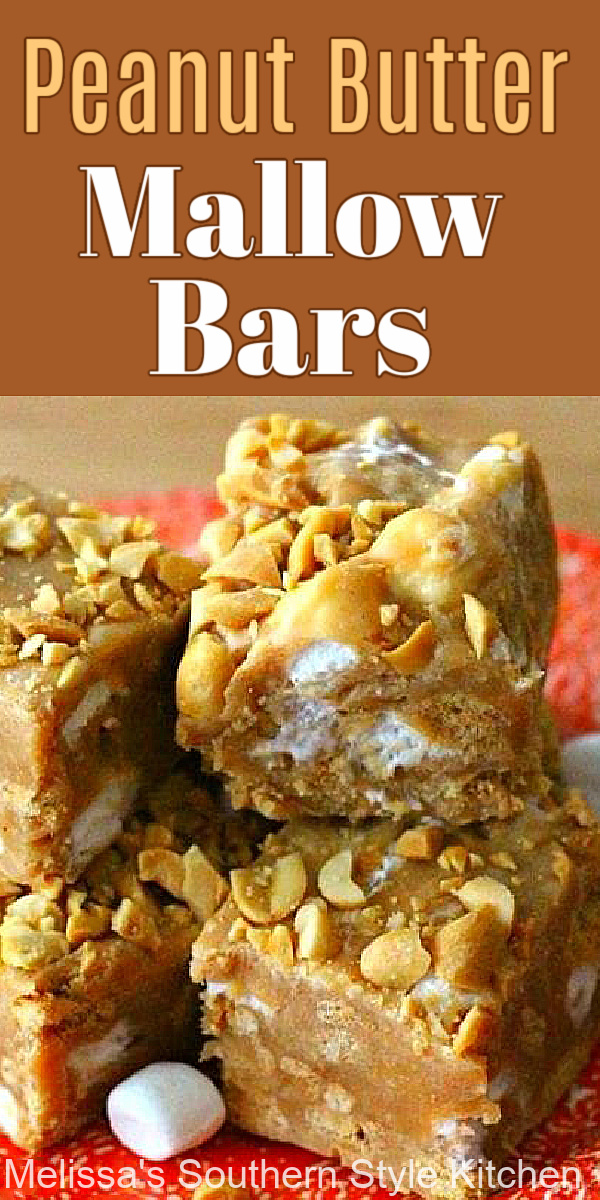 Ooey gooey Peanut Butter Mallow Bars will satisfy your sweet tooth in a hurry! #peanutbutterbars #mallowbars #cookiebarts #candybars #desserts #dessertfoodrecipes #southernfood #southernrecipes #holidayrecipes #holidayrecipes #christmascandy