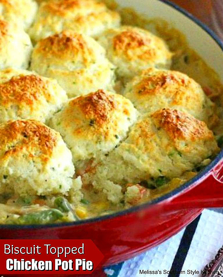 Biscuit Topped Chicken Pot Pie baked in a skillet 