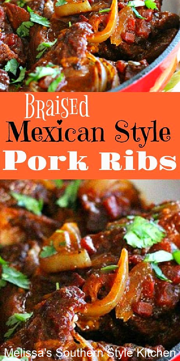 These Braised Mexican-Style Pork Ribs are seared on the stovetop then slow roasted in a spicy-sweet glaze until they're fall apart tender #ribs #mexicanfood #carnitas #barbecueribs #barbecue #ribs #easyribsrecipes via @melissasssk
