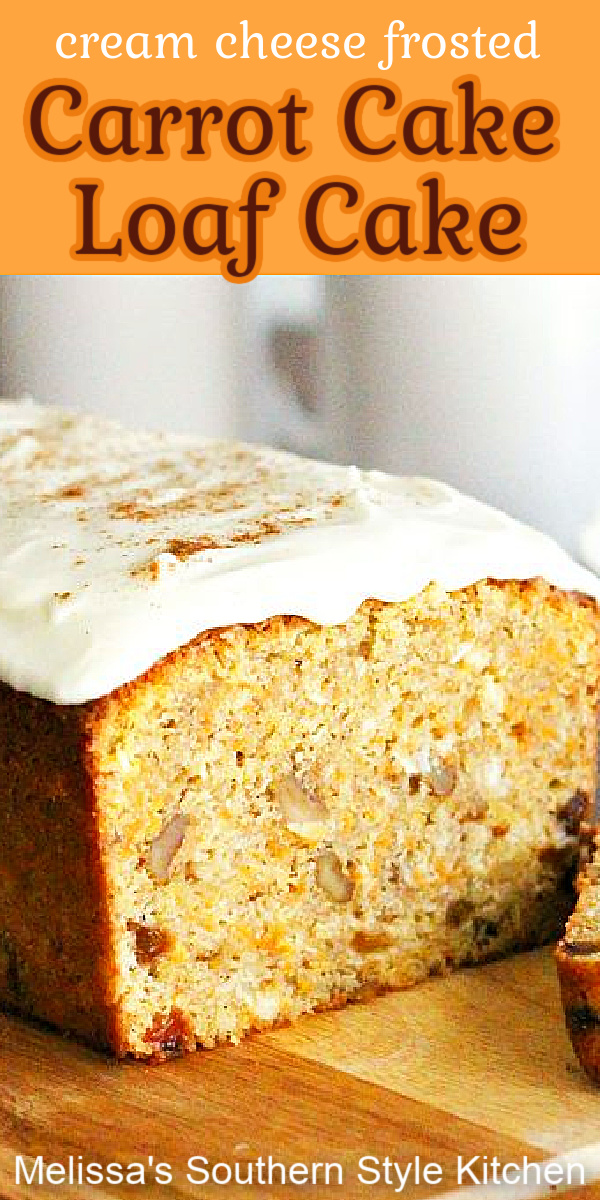 Enjoy a slice of this Cream Cheese Frosted Carrot Cake Loaf for breakfast, brunch or dessert #carrotcake #carrotcakeloaf #carrotcakerecipes #easterdessets #brunchrecipes #breakfastrecipes #loafcakerecipes #creamcheesefrosting